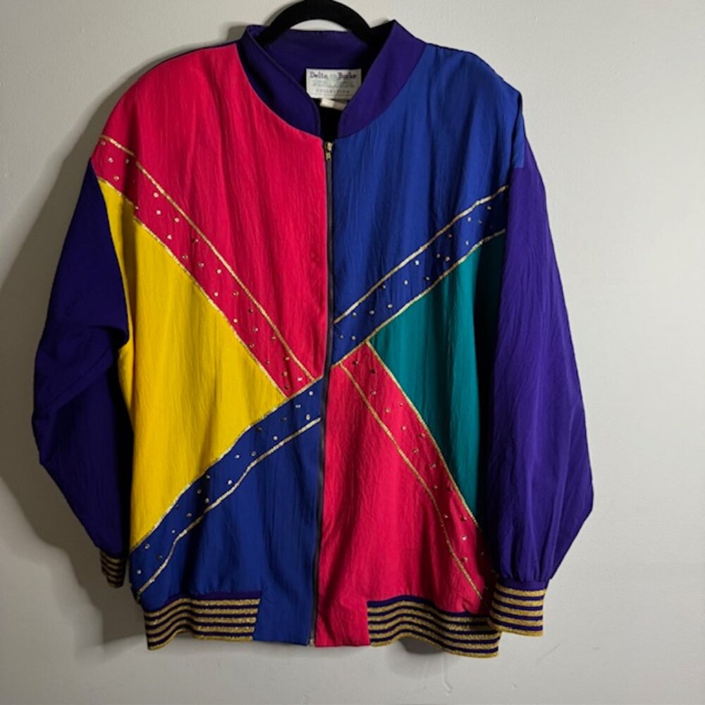 Vintage Delta Burke Multicolor Gold Piping / Studded Bomber Jacket Size 1X